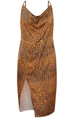 Plus Leopard Print Strappy Satin Cowl Midi Dress-PrettyLittleThing