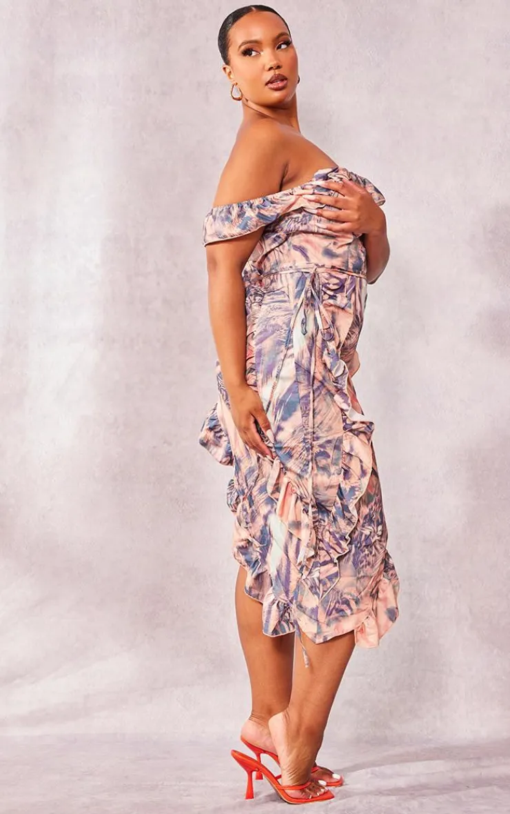 Plus Printed Ruffle Asymmetric Hem Midi Dress-PrettyLittleThing Outlet