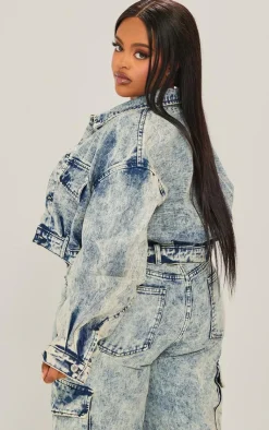 Hot PrettyLittleThing Plus Pocket Detail Crop Denim Jacket Light Blue Acid Wash