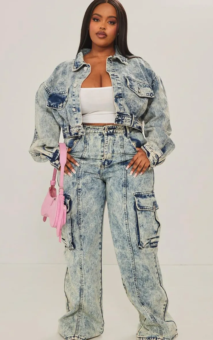 Hot PrettyLittleThing Plus Pocket Detail Crop Denim Jacket Light Blue Acid Wash