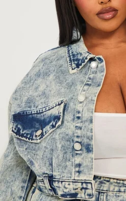 Hot PrettyLittleThing Plus Pocket Detail Crop Denim Jacket Light Blue Acid Wash