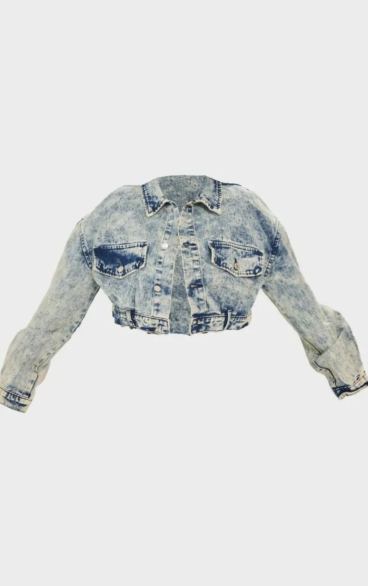 Hot PrettyLittleThing Plus Pocket Detail Crop Denim Jacket Light Blue Acid Wash