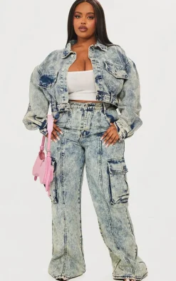 Best PrettyLittleThing Plus Pocket Detail Cargo Wide Leg Jeans Light Blue Acid Wash