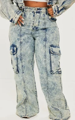 Best PrettyLittleThing Plus Pocket Detail Cargo Wide Leg Jeans Light Blue Acid Wash