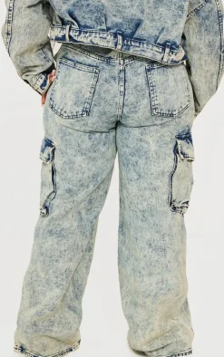Best PrettyLittleThing Plus Pocket Detail Cargo Wide Leg Jeans Light Blue Acid Wash