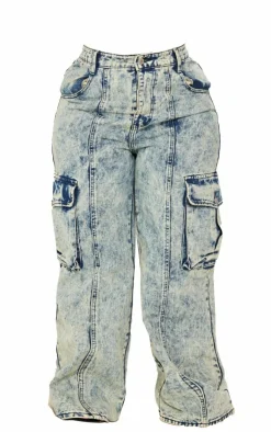 Best PrettyLittleThing Plus Pocket Detail Cargo Wide Leg Jeans Light Blue Acid Wash