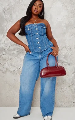 PrettyLittleThing Corsets*Plus Contrast Seam Detail Pocket Front Corset Bandeau Denim Top