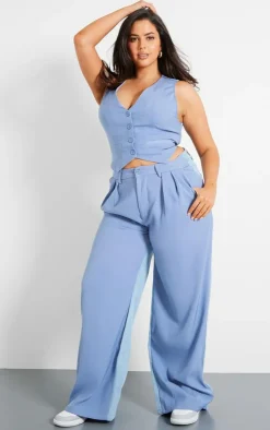 Sale PrettyLittleThing Plus Denim Contrast Tailored Wide Leg Pants Light Blue