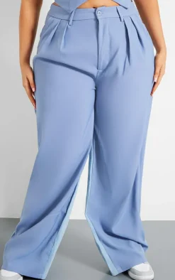 Sale PrettyLittleThing Plus Denim Contrast Tailored Wide Leg Pants Light Blue