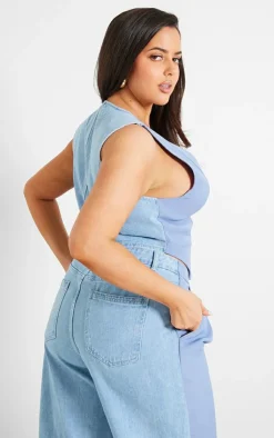 Clearance PrettyLittleThing Plus Denim Contrast Tailored Vest Light Blue