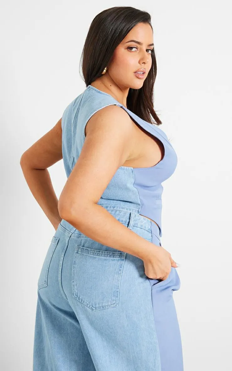 Clearance PrettyLittleThing Plus Denim Contrast Tailored Vest Light Blue