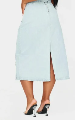 Clearance PrettyLittleThing Plus Frayed Seams Detail Denim Midaxi Skirt Light Blue