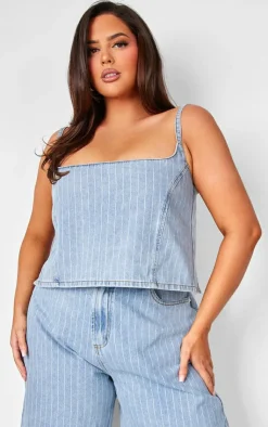 PrettyLittleThing Plus Pinstripe Crop Denim Top Light Blue