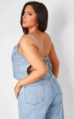 PrettyLittleThing Plus Pinstripe Crop Denim Top Light Blue