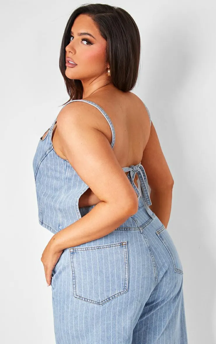 PrettyLittleThing Plus Pinstripe Crop Denim Top Light Blue