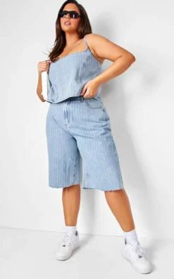 PrettyLittleThing Plus Pinstripe Crop Denim Top Light Blue