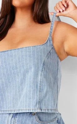 PrettyLittleThing Plus Pinstripe Crop Denim Top Light Blue