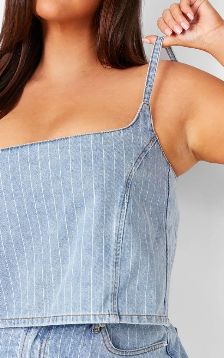 PrettyLittleThing Plus Pinstripe Crop Denim Top Light Blue