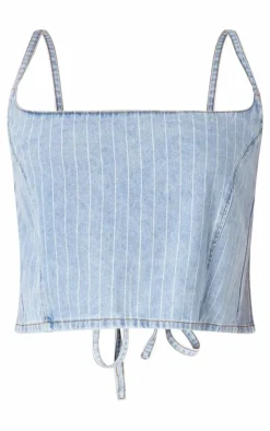 PrettyLittleThing Plus Pinstripe Crop Denim Top Light Blue