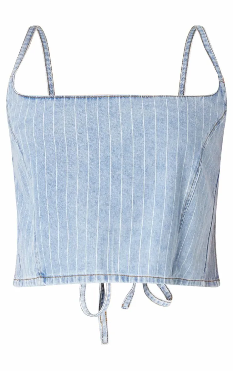 PrettyLittleThing Plus Pinstripe Crop Denim Top Light Blue