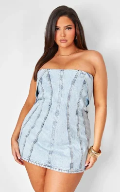 Plus Seam Fold Over Bust Detail Denim Dress-PrettyLittleThing Hot
