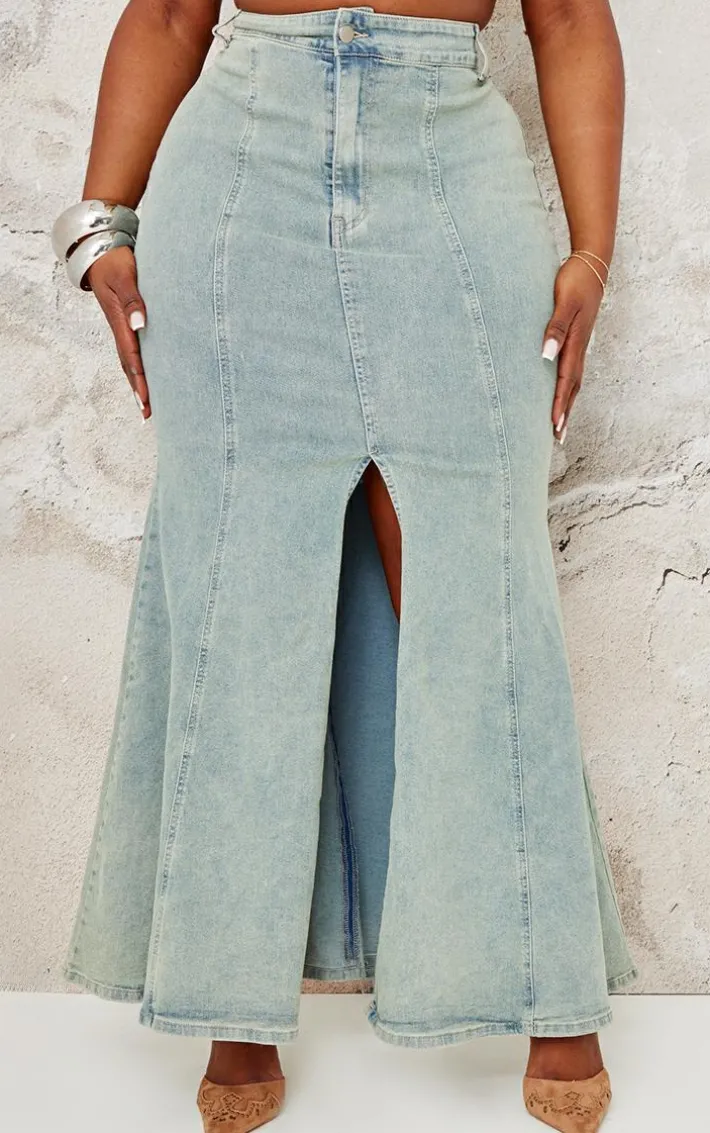 Plus Light Blue Vintage Wash Seam Detail Split Maxi Skirt