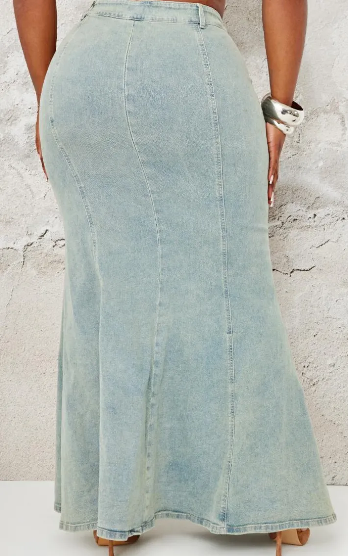 Plus Light Blue Vintage Wash Seam Detail Split Maxi Skirt