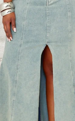 Plus Light Blue Vintage Wash Seam Detail Split Maxi Skirt