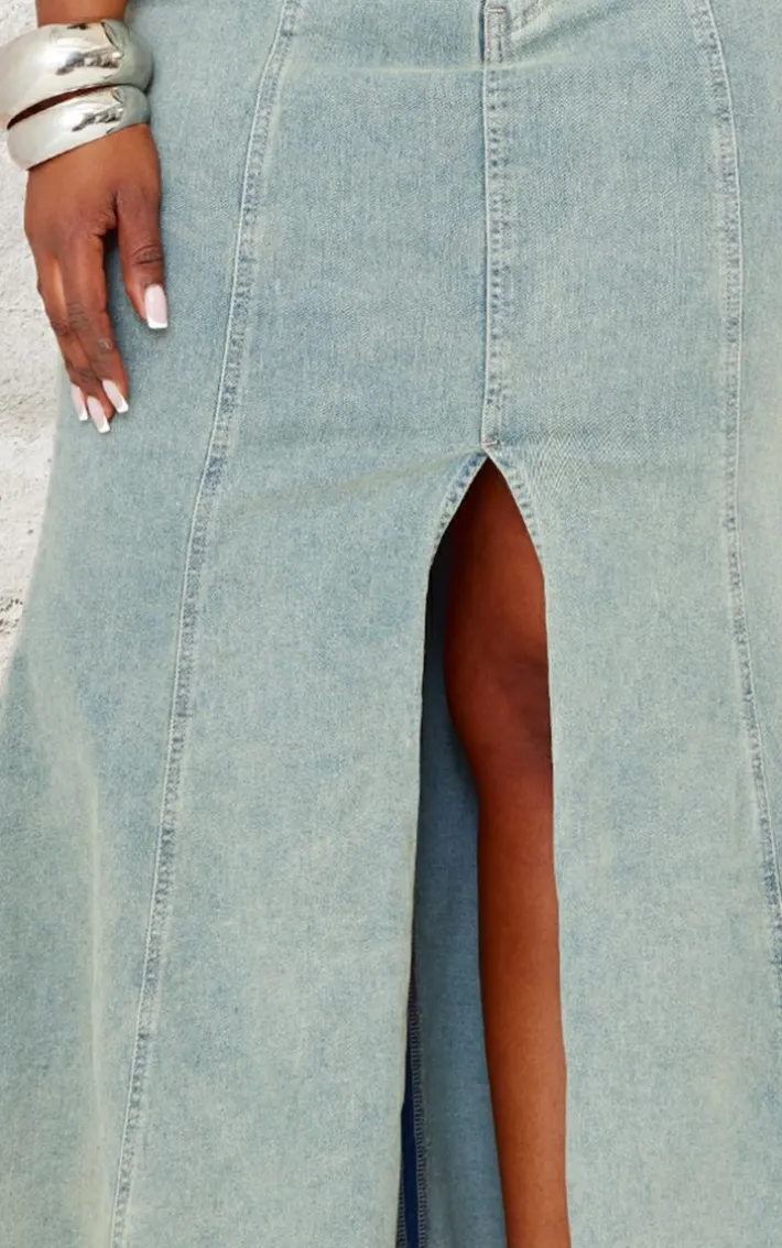 Plus Light Blue Vintage Wash Seam Detail Split Maxi Skirt