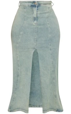 Plus Light Blue Vintage Wash Seam Detail Split Maxi Skirt