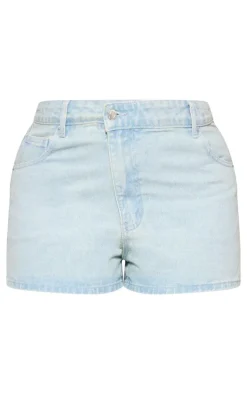 Plus Light Blue Wash Asymmetric Waistband Boyfriend Shorts