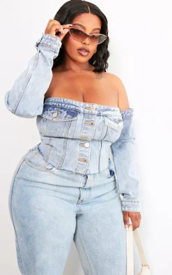PrettyLittleThing Corsets*Plus Button Up Bardot Denim Corset
