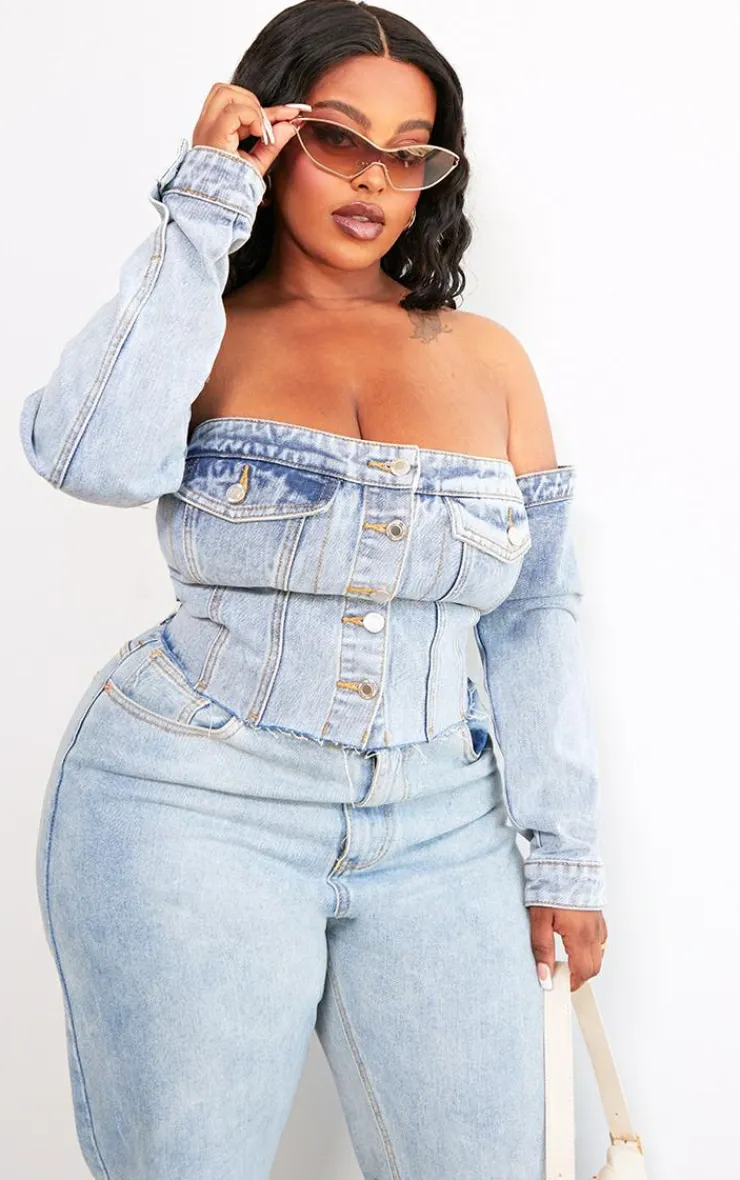 PrettyLittleThing Corsets*Plus Button Up Bardot Denim Corset