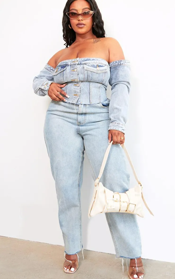 PrettyLittleThing Corsets*Plus Button Up Bardot Denim Corset