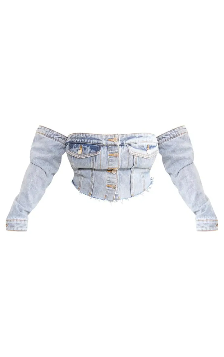 PrettyLittleThing Corsets*Plus Button Up Bardot Denim Corset