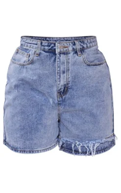 Plus Light Blue Wash Distressed Longline Denim Shorts