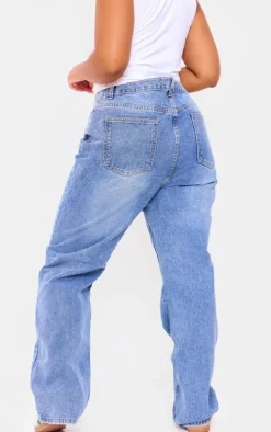 Plus Light Blue Wash Open Knee Long Leg Straight Leg Jeans