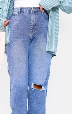Plus Light Blue Wash Open Knee Long Leg Straight Leg Jeans