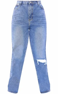 Plus Light Blue Wash Open Knee Long Leg Straight Leg Jeans