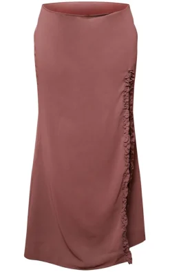 Discount PrettyLittleThing Plus Chiffon Split Hem Maxi Skirt Light Brown