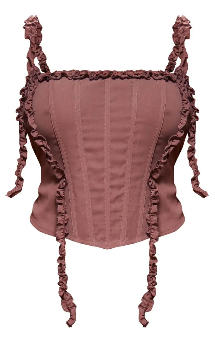 Online PrettyLittleThing Plus Frill Chiffon Corset Light Brown