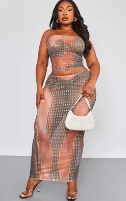 Outlet PrettyLittleThing Plus Printed Mesh Diamante Hot Fix Low Rise Maxi Skirt Light Brown
