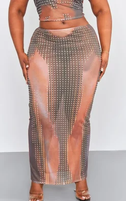 Outlet PrettyLittleThing Plus Printed Mesh Diamante Hot Fix Low Rise Maxi Skirt Light Brown