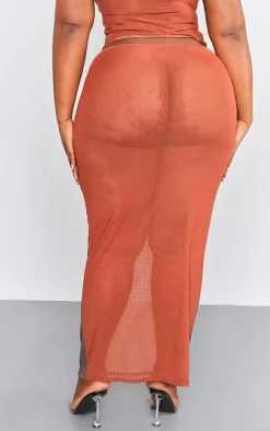 Outlet PrettyLittleThing Plus Printed Mesh Diamante Hot Fix Low Rise Maxi Skirt Light Brown