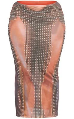 Outlet PrettyLittleThing Plus Printed Mesh Diamante Hot Fix Low Rise Maxi Skirt Light Brown