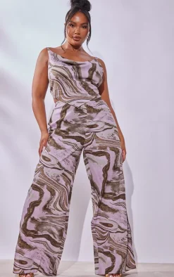 Hot PrettyLittleThing Plus Marble Wide Leg Pants Light Pink