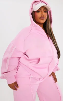 Online PrettyLittleThing Plus Oversized Zip Through Seam Detail Hoodie Light Pink