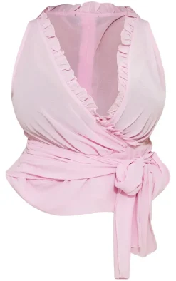 PrettyLittleThing Wrap Tops*Plus Plunge Front Ruffle Wrap Detail Top