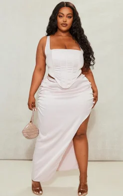 PrettyLittleThing Plus Satin Ruched Side Split Midi Skirt Light Pink
