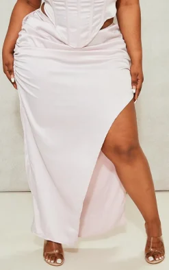 PrettyLittleThing Plus Satin Ruched Side Split Midi Skirt Light Pink